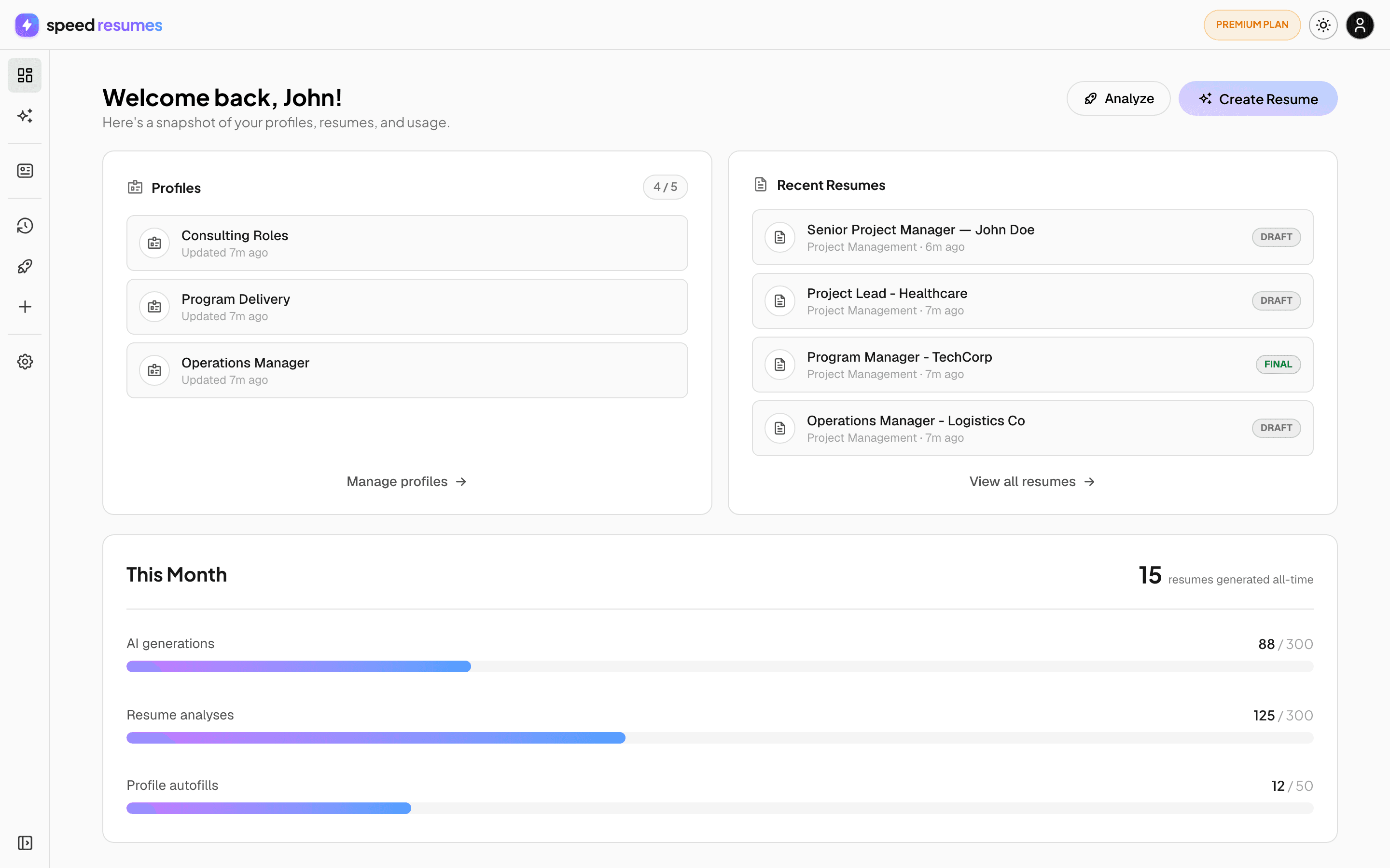 Speed Resumes dashboard showing profiles, recent resumes and monthly usage
