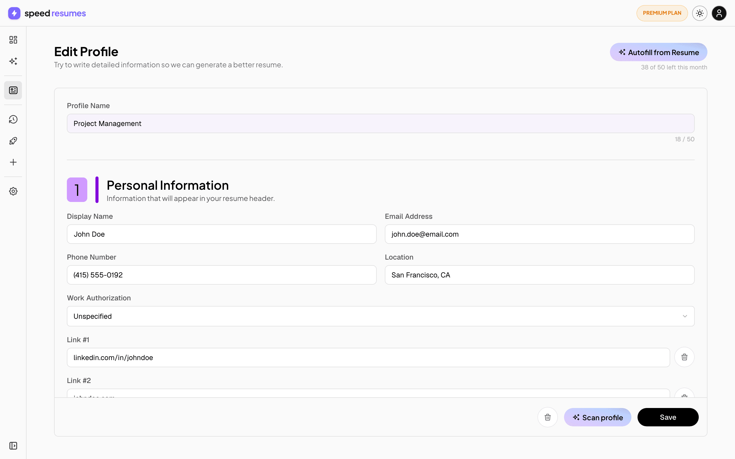 Speed Resumes profile editor with experience, skills and education