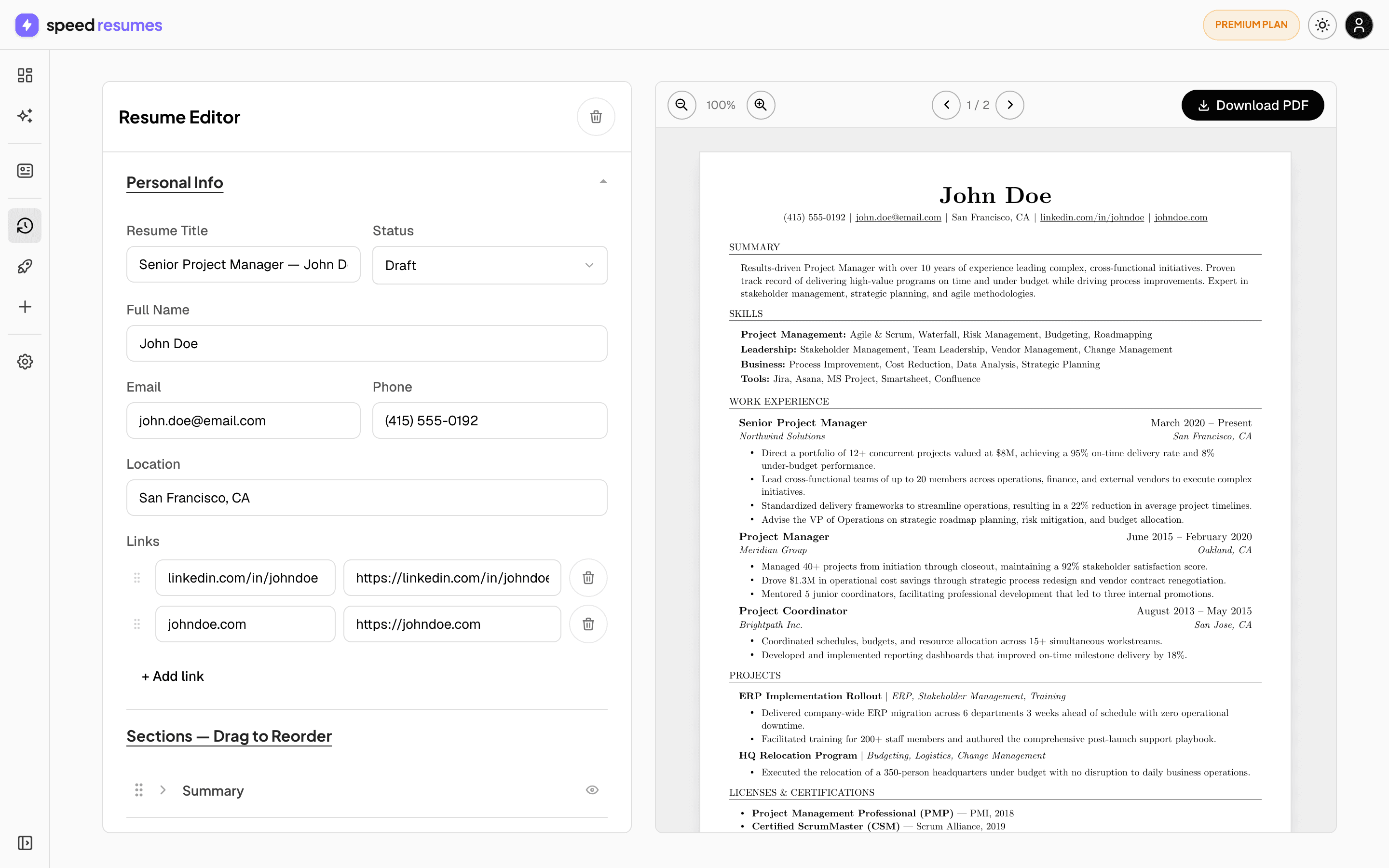 Speed Resumes resume editor with a live, recruiter-ready PDF preview